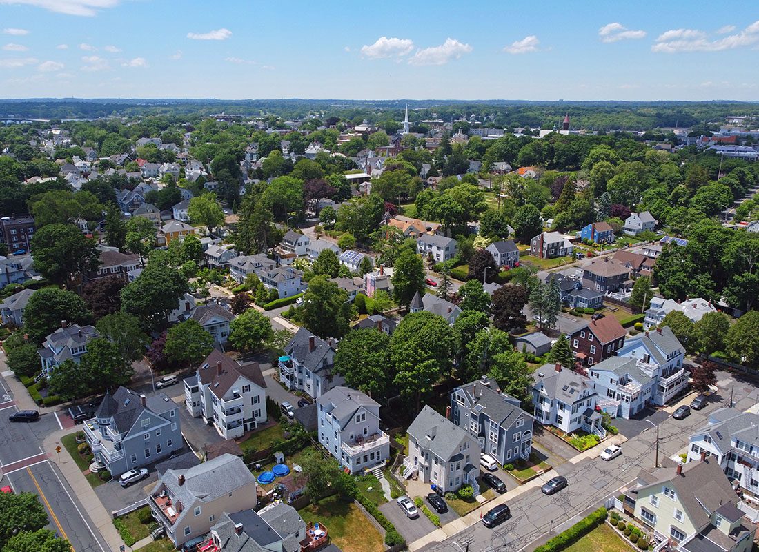 Milford, MA - Aerial View of Residential Homes in Massachusetts on a Sunny Day